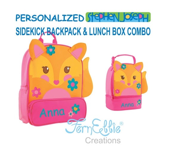 Personalized Stephen Joseph FOX Sidekick Backpack and Lunch Pal Combo.