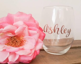 Stemless wine glass with rose gold/copper lettering. Customize. Wedding party. Bridal gifts.