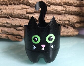 Black Cat Planter Hand-painted (upcycled from plastic bottle)