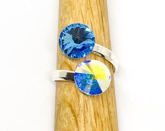 Sterling silver adjustable Swarovski rivoli double stone ring