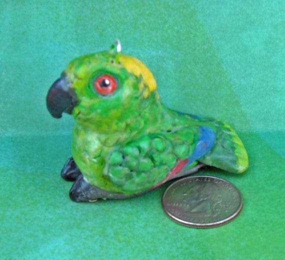 Hand-sculpted One-of-a Kind Sally Blanchard's Tongue-in-Beak Miniature Yellow-naped Amazon Parrot Collectible Christmas Tree Ornament
