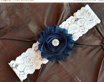 ON SALE NAVY Wedding Garter, Bridal Garter, Ivory Lace Garter, Toss Garter, Wedding Garter Belt, Shabby Chiffon Navy Blue Garter, Something
