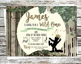 Personalised Wild One Invite, Where the Wild things Are Invitation, Let the Wild Rumpus Start, First Birthday Forest party, Tree, Moon, Gold