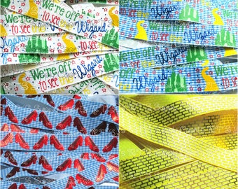 7/8" We're Off To See The Wizard Ruby Slippers Gingham Yellow Brick Road Oz US Designer Grosgrain Printed Ribbon