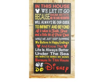 In This House We Do Disney, Wood Sign, Snow White, Little Mermaids, Finding Nemo, Jungle Book, Disney Movies, Disney Characters