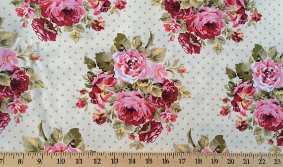 SHABBY CHIC FLORAL Fabric By The Yard / Half Yard Roses Dots