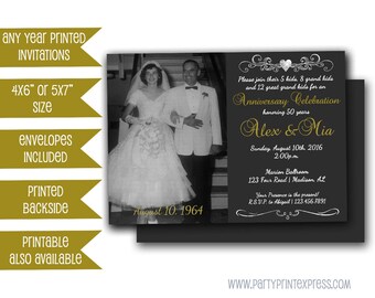 Photo 50th Anniversary Invitations - Chalk Golden Wedding Anniversary Party - Heart Monogram Invitation - Gold and Black Vow Renewal Invite