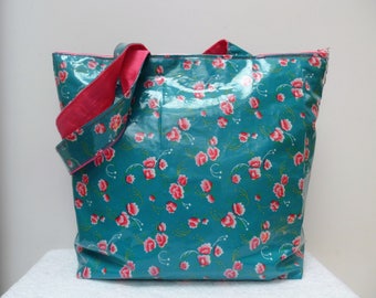 Zipped bag in coated cotton "small pan" turquoise and peonies