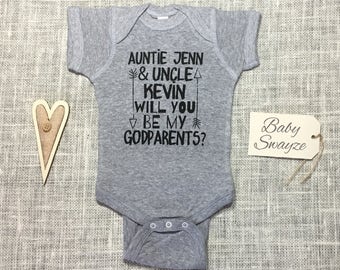 PERSONALIZED NAMES Aunt and Uncle, Will You Be My Godparents? Cute One Piece Bodysuit Toddler Shirt
