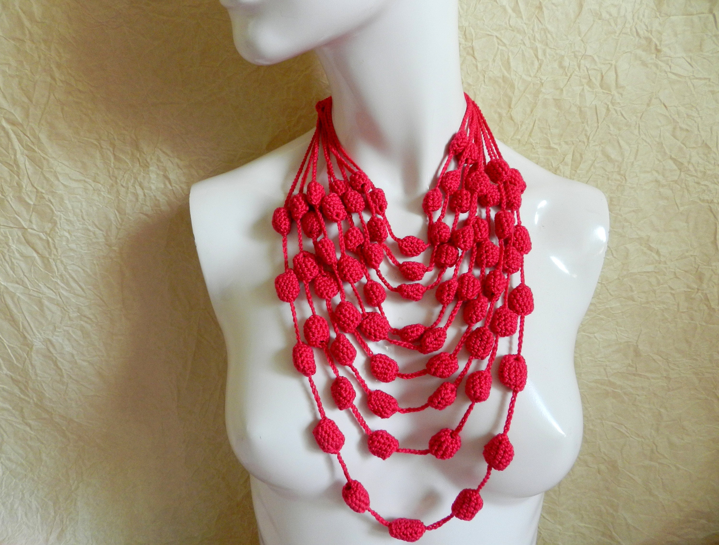 Summer knit bright necklace Multicolored designer jewelry