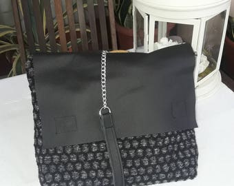 Shoulder bag, crossbody bag, handbag, wool soft tissue, real leather ,black, grey, all-porpouse bag, chain strap, pochette
