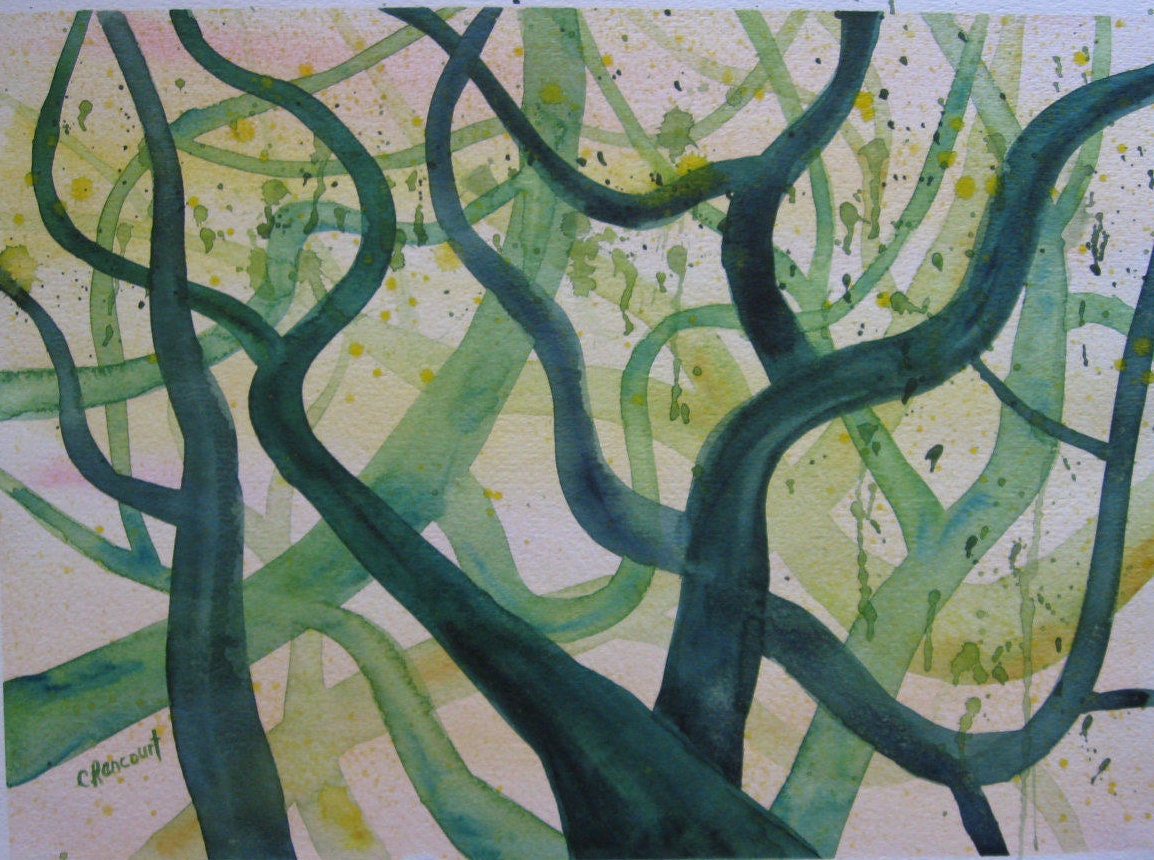 Vines watercolor. Abstract green vine canopy painting.