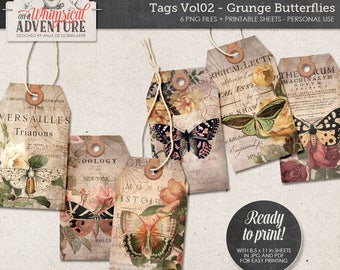 Gift Tags, Bohemian Style, Women Butterfly Gift, Digital Collage Sheet, Instant Download, Printable Hang Tags with Leather Reinforcement