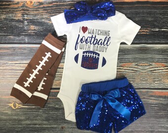I Love Watching Football With Daddy, Football onesie, leg warmers, sparkly shorts, Baby girl outfits, girl headband, Cowboys football.