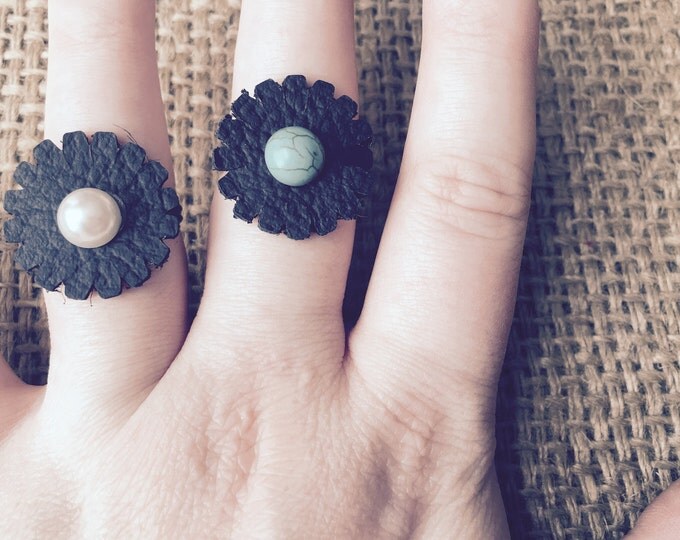 Leather Flower Ring, Black Leather Ring, Leather Ring, Rivet Flower Ring, Leather Stone Ring, Flower Ring, Black Flower Ring, Bohemian Ring