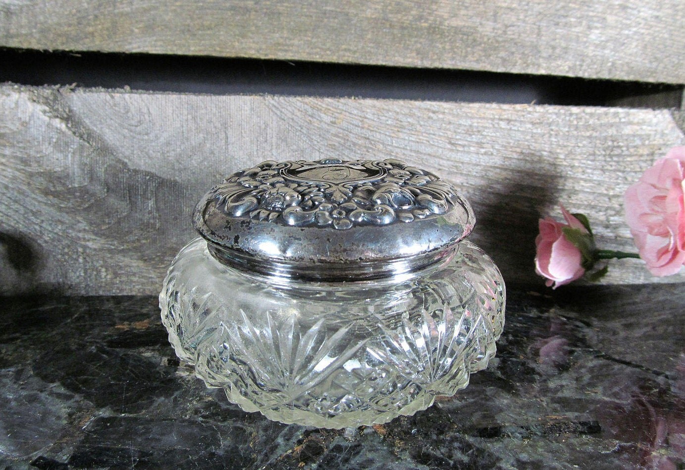 Antique Vanity Powder Box or Jar Crystal Jar with Repousse