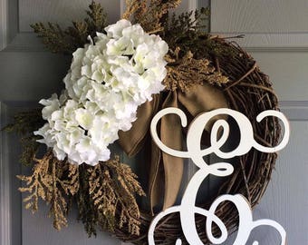 Monogram Wreath - Front Door Wreaths - Fall Wreath - Summer Wreath - Everyday Wreath - Grapevine Wreath with Initial - Shabby Chic Wreath