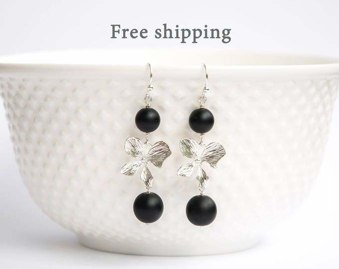 Shungite earrings, Black stone earrings, Women black earrings, Shungite jewelry, Black beaded earrings, Silver and black earrings