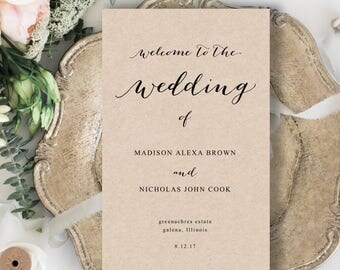 Folded Wedding Program Template, Rustic Wedding Program Template, Caligraphy wedding Program Template, Edit Yourself in MS word