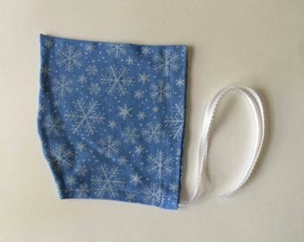 Upcycled Pixie Hat - Made from an Upcycled Shirt - Upcycled Cotton Pixie Hat - Blue and White Snowflake Hat - Baby Pixie Hat - 6-12 mos