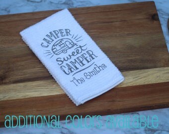 Personalized Gift, Camper Sweet Camper Kitchen Towel, Dish Towel, RV Accessories, Travel Trailer Decor, Vintage camper, Glamping, Motorhome,
