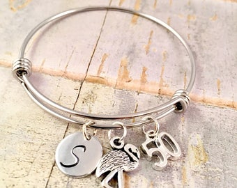 Flamingo Bangle, Flamingo Charm Bracelet, Flamingo Bracelet, 50th birthday, Bird Bracelet, initial bracelet, 40th, stainless steel bracelet