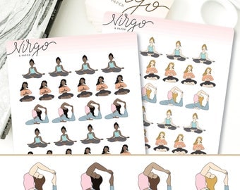 Yoga Girl Planner Stickers - Hand Drawn Yoga Pose Stickers, Choose your hair/skin color, Choose Glossy/Matte - Yoga Planner Stickers RYG