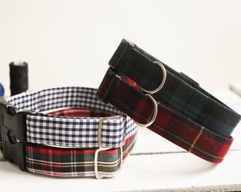 Dog Collar Tartan Varieties - red, green/blue, gingham. Dog collars plaid & gingham. Matching lead available. Plastic or metal clasp options