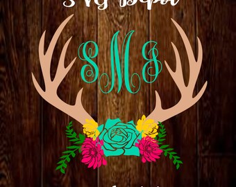 Floral Antler Monogram Svg group, floral swag antlers svg file, flower digital file, daisy svg, rose svg, sunflower svg