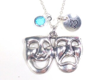 Theatre Necklace, Performing Arts Gifts Theater Pendant Charm ancient Greek Muses, Thalia and Melpomene initial & birthstone Drama Mask 225