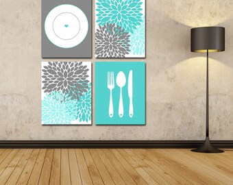 Dining Room Art - Printable Kitchen Art - Kitchen Decor - Kitchen Prints - Silverware Art - Dahlia Art - Floral Kitchen - Housewarming Gift