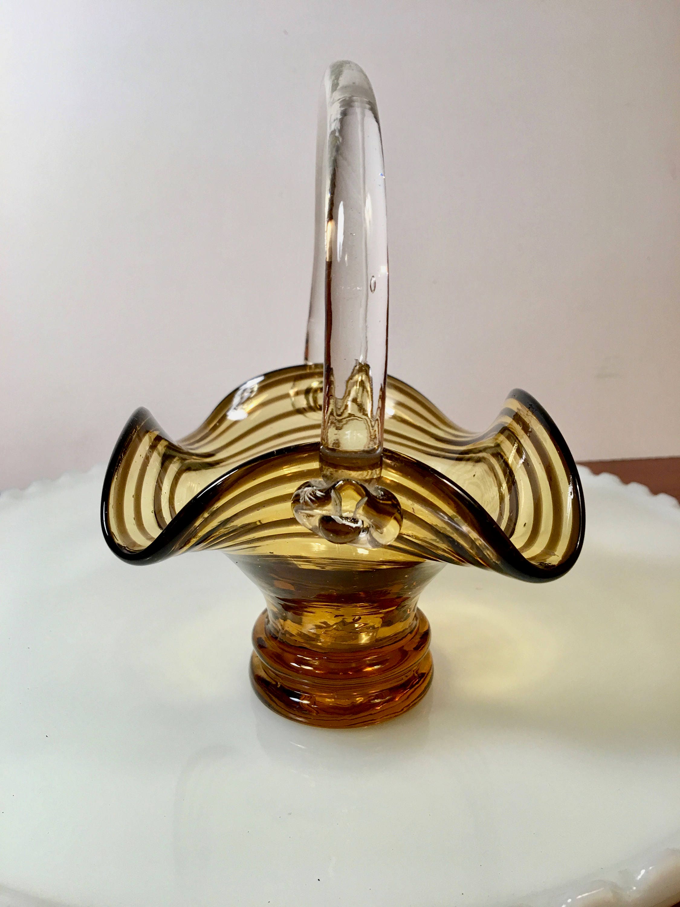 Amber Hand Blown Glass Basket With Handle//Art Glass