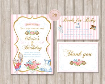 Alice in Wonderland Invitation, Alice in Wonderland Birthday Invitation, First Birthday Invitation, Tea Party Invitation, Books for Baby