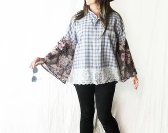 Plus size plaid shirt, bell sleeves, blue, Boho top, country chic, sheer back, boyfriend shirt, Upcycled, lace trim, oversize