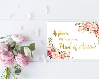 Gold Personalized Boho Printable Will You Be My Maid of Honor Card, Boho Floral Maid of Honor Card Custom Floral Peonies Card Download 110-G