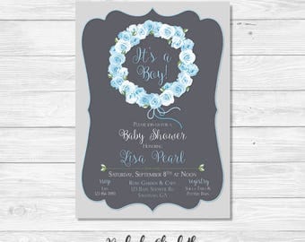 Floral Baby Shower Invitation, Rose Baby Shower Invite, It's a Boy Invitation, *DIGITAL FILE*