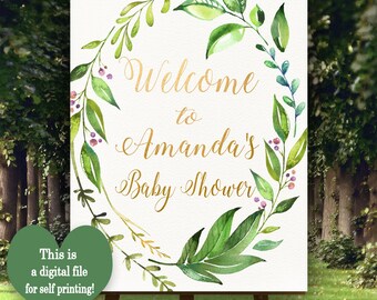 Garden Welcome Poster, Printable Welcome sign, Customised Welcome sign, Welcome to baby shower, Green Leafs Baby shower decorations, Leafs