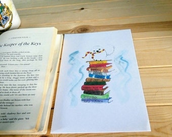 Harry Potter watercolour illustration | Wall art | A5 | Hedwig | Hogwarts books | Gryffindor