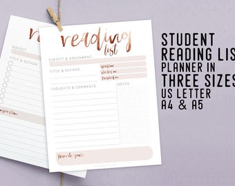Student Reading List Planner, Printable Instant Download, Productivity Planner, DIY Desk Planner, Academic Diary, Book List, School Planner