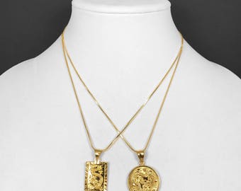 18k Gold Filled Medallion Pendant Necklace Circle or Square Dragon with Chain