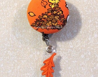 Woodstock playing in the leaves badge reel, Snoopy & Friends Badge Reel, Autumn/Fall Badge Reel, Thanksgiving Badge Reel, ID Badge Holder