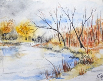 Original watercolor painting, autumn leaves are falling
