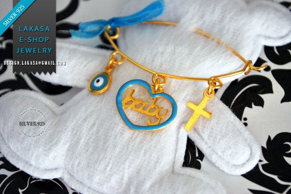 Blue Enamel Heart Baby Brooch Sterling Silver Gold Handmade Jewelry Cross Eye Mama Happy Shower Day Religious Baptism Newborn It is a Boy