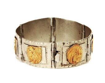Pre Eagle Taxco Bracelet, Mexico 925 Sterling Silver, 37gr Panel Link Bracelet, Antique 40s Medallion Link Bracelet, Figurative Aztec Mayan
