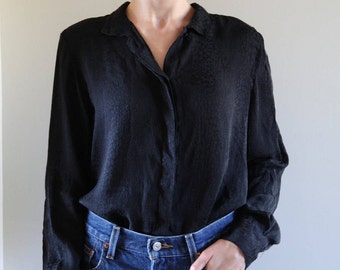 Vintage Neiman Marcus Black Silk Button-up w/ Snakeskin-like Print- Size Small