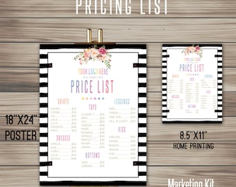 Boho Price List, Instant Download, 8.5" x 11", 18" x 24" , Poster, Digital, Marketing, For Fashion Retailer,home office approved K15D08