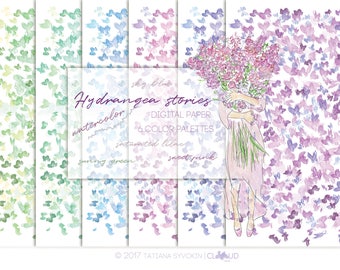 Purple digital paper Digital paper pack Floral digital paper Digital scrapbooking Watercolor paper Hydrangea flowers Watercolor Pink flowers