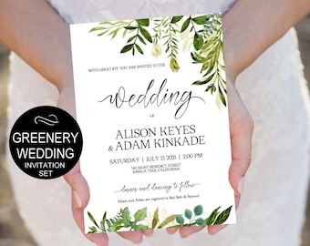 Rustic Wedding Invitation Template-Greenery Watercolor Wedding - Leaves Wedding Invitation-DIY Editable PDF-Download Instantly| VRD150AF
