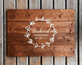 Rustic Wreath with Calligraphy Wood Guest Book | White on Wood | Custom Name