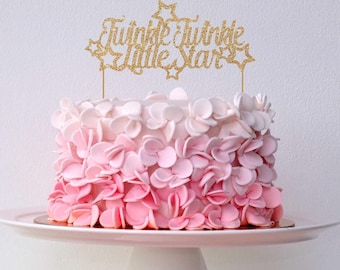 Twinkle Twinkle Little Star Cake Topper for Baby Shower, Gender Reveal Party, Birthday Party - Gold Glitter Topper, Newborn Little One